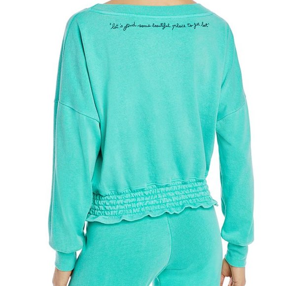 SUNDRY Let's Find Smocked-hem Sweatshirt Pigment Turquoise Sweater Sz M - Picture 1 of 10